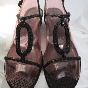 Stuart Weitzman Black Patent Leather Strappy Low Wedge Sandals Size 9